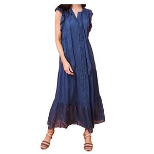 Marie Oliver Kylee Navy Silk Blend Tiered Sleeveless Ruffle Neck Midi Dress XS